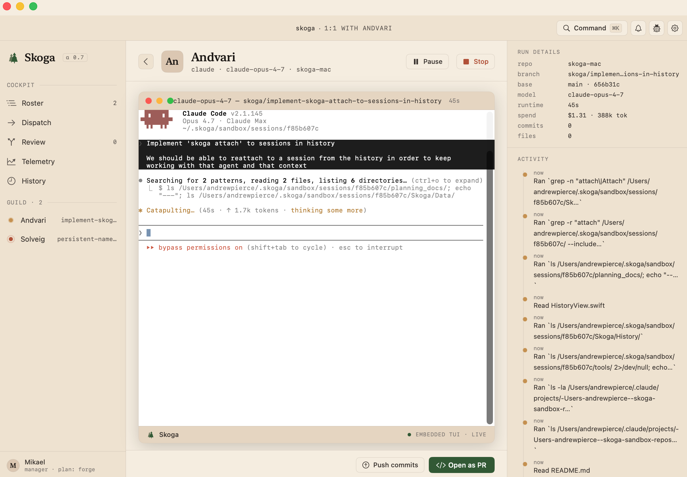 A 1:1 view of Andvari mid-task — embedded terminal, run details panel on the right, and an activity feed of each tool call