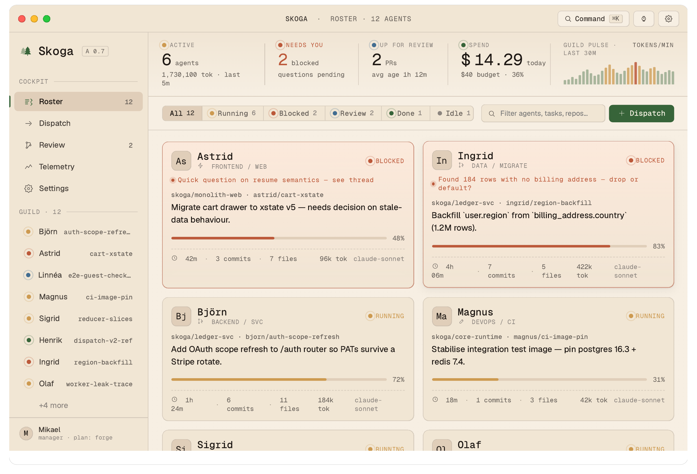 Skoga cockpit on macOS — the Roster view with twelve named agents: Astrid blocked on a frontend question, Björn running an OAuth scope refresh, Magnus building a CI image, Ingrid backfilling a region column, and more